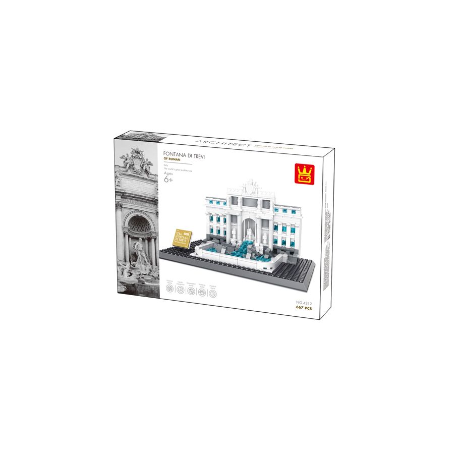 Box eines Bausets für den Trevi-Brunnen mit Bild des Modells und architektonischen Details auf der Verpackung.