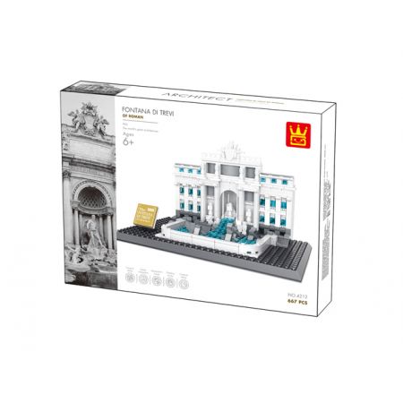Box eines Bausets für den Trevi-Brunnen mit Bild des Modells und architektonischen Details auf der Verpackung.