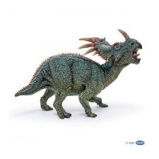 Grün-braune Dinosaurierfigur mit Hörnern und offenem Maul auf vier Beinen.