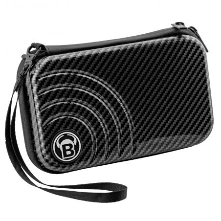 Schwarze Reißverschlusstasche mit Karbonfaser-Optik, Handschlaufe und weißem kreisförmigen Logo in der Ecke.