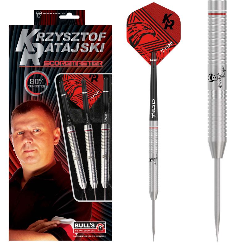 Krzysztof Ratajski Scoremaster Dart-Set mit drei Darts und Spielerbild auf der Verpackung. Krzysztof Ratajski Scoremaster Dart-Set mit drei Darts und Spielerbild auf der Verpackung.