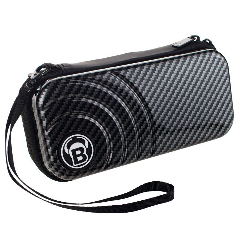 Schwarzes und graues Etui mit Carbonfaser-Muster, Reißverschluss und Handgelenkschlaufe. Schwarzes und graues Etui mit Carbonfaser-Muster, Reißverschluss und Handgelenkschlaufe.