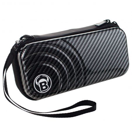 Schwarzes und graues Etui mit Carbonfaser-Muster, Reißverschluss und Handgelenkschlaufe. Schwarzes und graues Etui mit Carbonfaser-Muster, Reißverschluss und Handgelenkschlaufe.