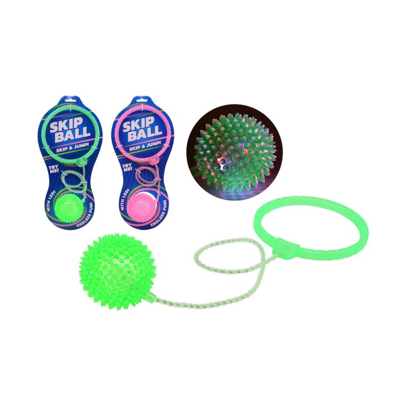 Zwei Skip-Bälle mit stacheligen Bällen, an Ringen befestigt, in Grün und Pink.