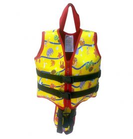 Gelbe Kinder-Schwimmweste mit bunten Meeresmotiven, schwarzen Gurten und rotem Griff oben.