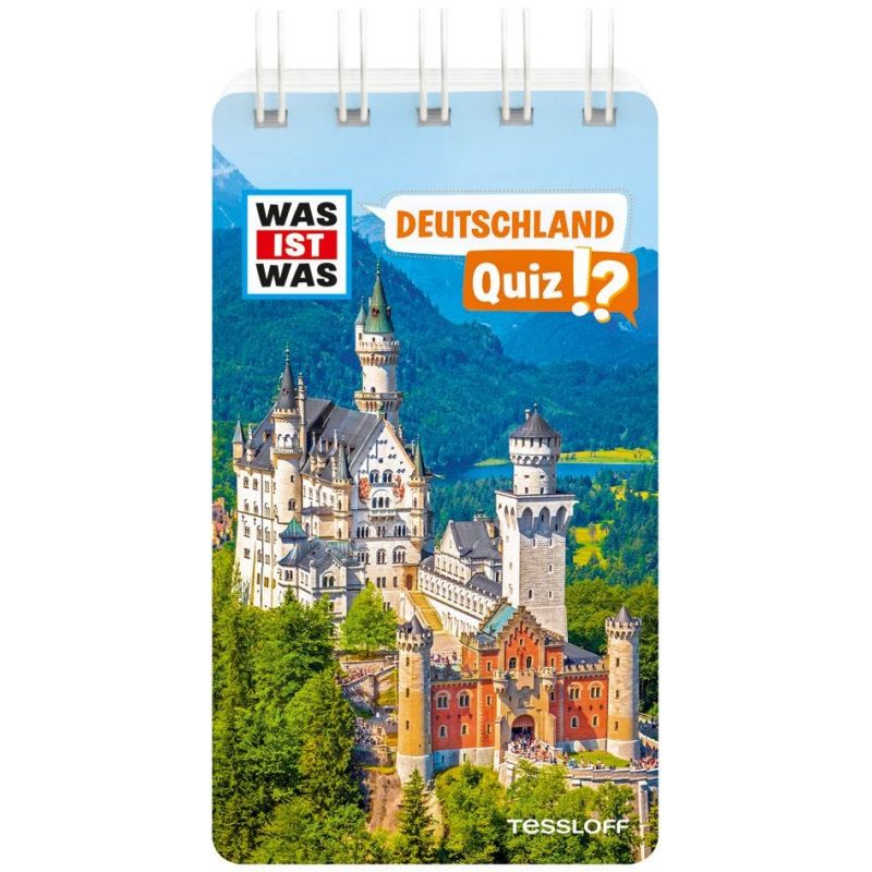 Notizbuch mit Neuschwanstein, dem Schriftzug Deutschland Quiz und Was ist Was auf dem Cover.