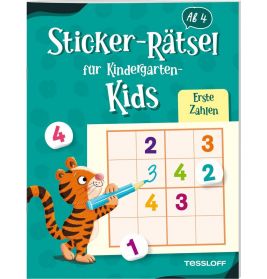 Ein Tiger hält einen Stift neben einem bunten Zahlenpuzzle auf einem deutschen Stickerbuch für Kindergartenkinder.