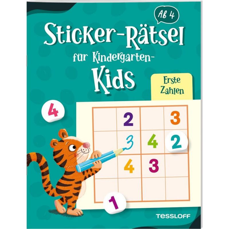 Ein Tiger hält einen Stift neben einem bunten Zahlenpuzzle auf einem deutschen Stickerbuch für Kindergartenkinder.
