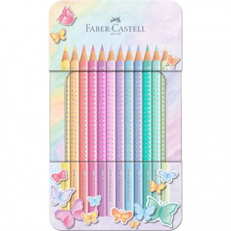 Pastellfarbene Faber-Castell-Stifte mit Schmetterlingen auf weichem Regenbogen-Hintergrund. Pastellfarbene Faber-Castell-Stifte mit Schmetterlingen auf weichem Regenbogen-Hintergrund.
