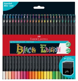 50 Faber-Castell Black Edition Buntstifte mit schwarzem Schaft und farbigen Spitzen in einer Box.