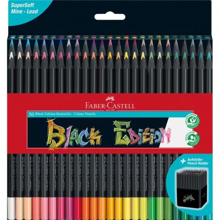 50 Faber-Castell Black Edition Buntstifte mit schwarzem Schaft und farbigen Spitzen in einer Box. 50 Faber-Castell Black Edition Buntstifte mit schwarzem Schaft und farbigen Spitzen in einer Box.