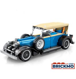 Blau-braunes LEGO-Auto im Vintage-Stil mit Ersatzreifen, Frontansicht, BRICKMO-Logo in der Ecke.