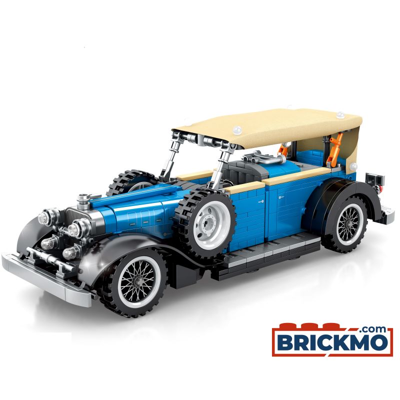 Blau-braunes LEGO-Auto im Vintage-Stil mit Ersatzreifen, Frontansicht, BRICKMO-Logo in der Ecke. Blau-braunes LEGO-Auto im Vintage-Stil mit Ersatzreifen, Frontansicht, BRICKMO-Logo in der Ecke.