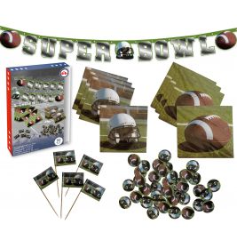 Super Bowl Partyzubehör mit Football- und Helmmotiven: Banner, Karten und Cupcake-Topper.