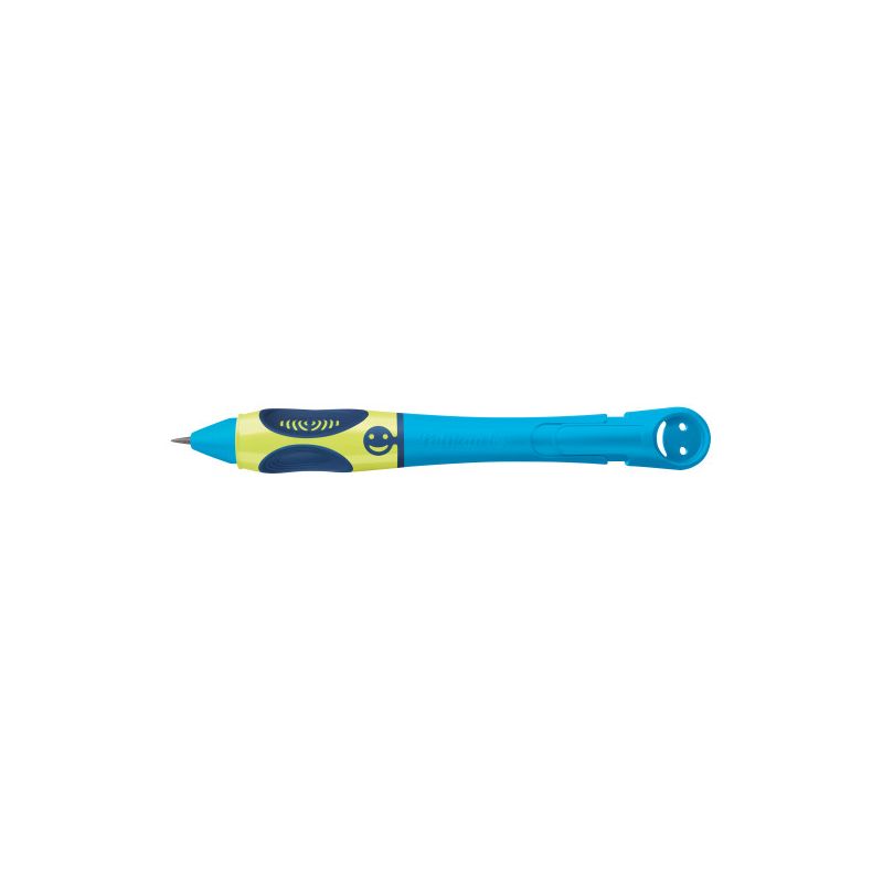 Blau-gelber ergonomischer Stift mit dickem Griff und blauem Clip auf weißem Hintergrund.
