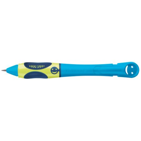 Blau-gelber ergonomischer Stift mit dickem Griff und blauem Clip auf weißem Hintergrund.