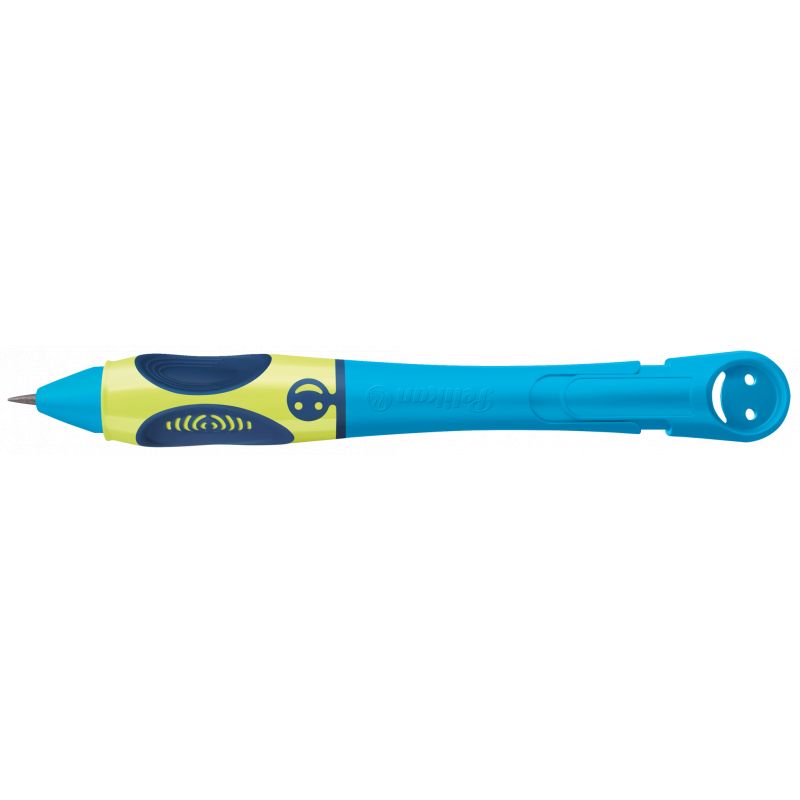 Blau-gelber ergonomischer Stift mit dickem Griff und verspieltem Design, schreibbereit.