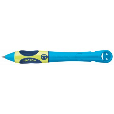 Blau-gelber ergonomischer Stift mit dickem Griff und verspieltem Design, schreibbereit.