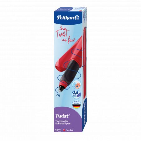 Pelikan Twist Tintenroller in Feuerrot, abgebildet mit blauer Schrift auf der Verpackung.