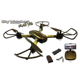 Schwarz-grüne Sky Watcher Fun V2 Drohne mit Fernbedienung, Handy, Akku und Ladegerät ausgestellt.