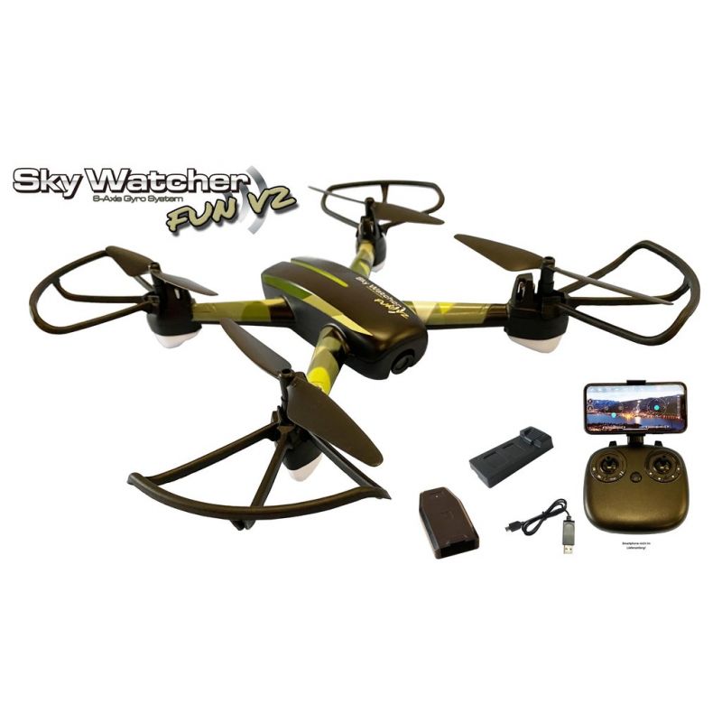 Schwarz-grüne Sky Watcher Fun V2 Drohne mit Fernbedienung, Handy, Akku und Ladegerät ausgestellt. Schwarz-grüne Sky Watcher Fun V2 Drohne mit Fernbedienung, Handy, Akku und Ladegerät ausgestellt.