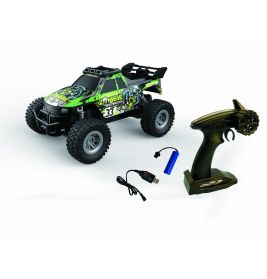 Grünes ferngesteuertes Offroad-Auto mit Fernbedienung, USB-Ladekabel und blauem Akku auf weißem Hintergrund.