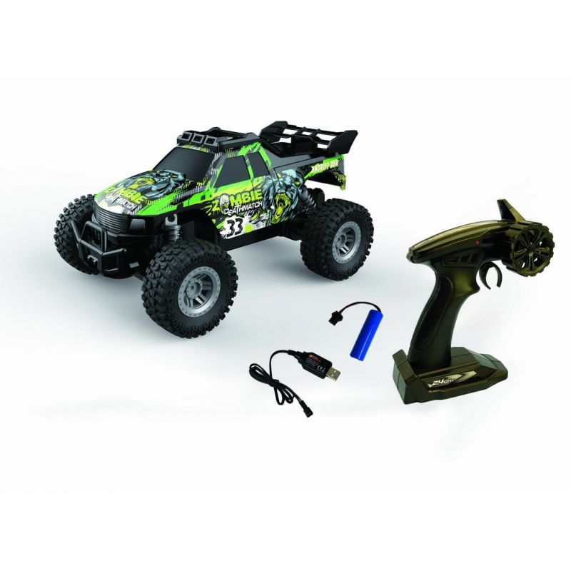 Grünes ferngesteuertes Offroad-Auto mit Fernbedienung, USB-Ladekabel und blauem Akku auf weißem Hintergrund. Grünes ferngesteuertes Offroad-Auto mit Fernbedienung, USB-Ladekabel und blauem Akku auf weißem Hintergrund.