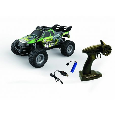 Grünes ferngesteuertes Offroad-Auto mit Fernbedienung, USB-Ladekabel und blauem Akku auf weißem Hintergrund.
