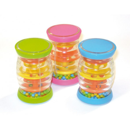 Drei bunte Sanduhr-Spielzeuge mit Perlen und drehbaren Scheiben in Grün, Pink und Blau.