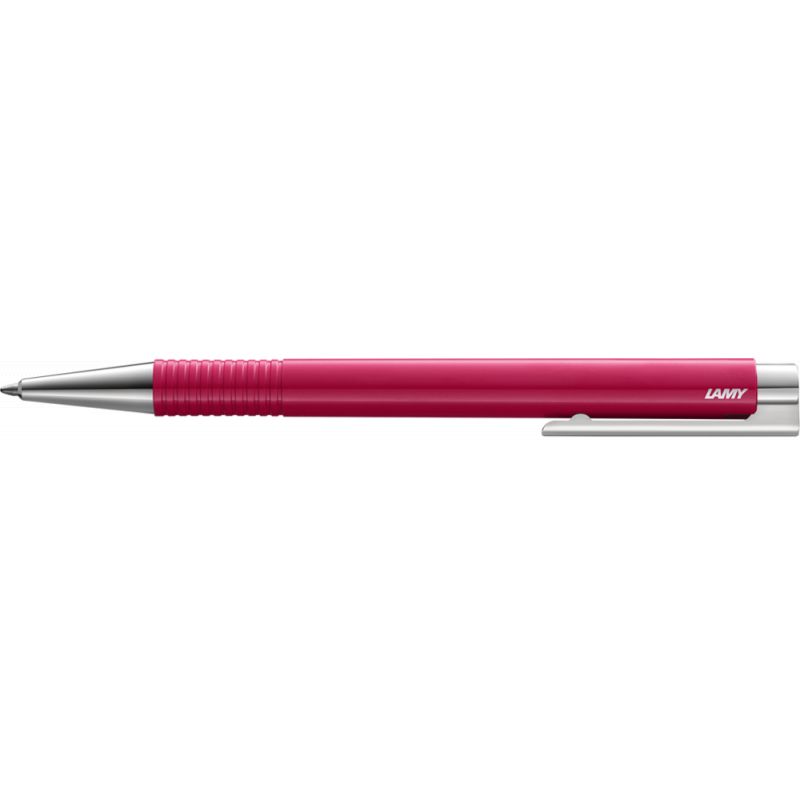 Ein pinker Lamy-Kugelschreiber mit silberner Spitze und Clip liegt auf weißem Hintergrund.