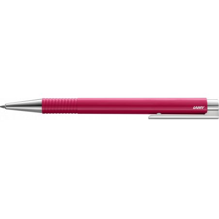 Ein pinker Lamy-Kugelschreiber mit silberner Spitze und Clip liegt auf weißem Hintergrund.