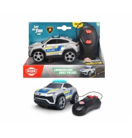 Ferngesteuertes Lamborghini Urus Polizeiauto mit Fernbedienung, in und außerhalb der Verpackung abgebildet.