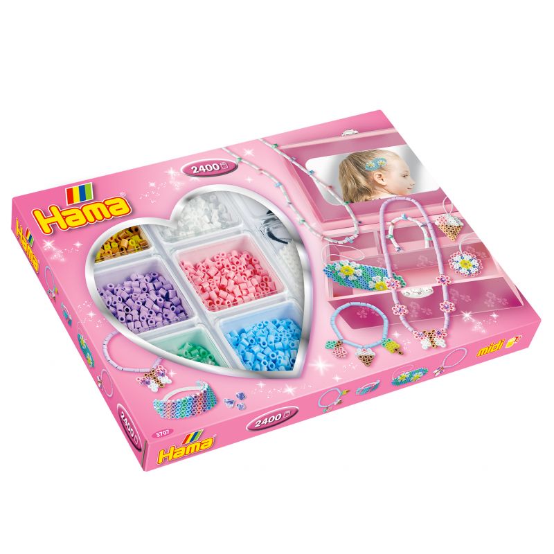 Hama-Perlenset in rosa Box mit Herzfenster, enthält bunte Perlen und Zubehör zum Schmuckbasteln.