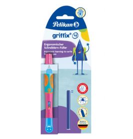 Pelikan griffix Füller, ergonomisch, in blau-pinker Verpackung, auch für Linkshänder geeignet.