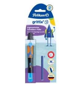 Pelikan griffix ergonomischer Füller in Blau in Verpackung, mit zusätzlicher Tintenpatrone sichtbar.