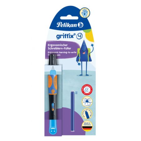 Pelikan griffix ergonomischer Füller in Blau in Verpackung, mit zusätzlicher Tintenpatrone sichtbar. Pelikan griffix ergonomischer Füller in Blau in Verpackung, mit zusätzlicher Tintenpatrone sichtbar.