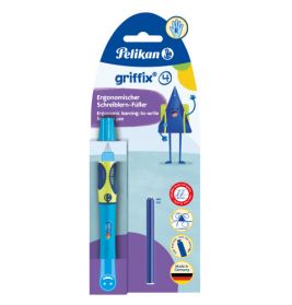 Blauer Pelikan griffix Füller ergonomisch, verpackt, mit Ersatzpatrone und Comicfigur.