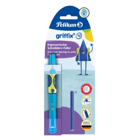 Blauer Pelikan griffix Füller ergonomisch, verpackt, mit Ersatzpatrone und Comicfigur.