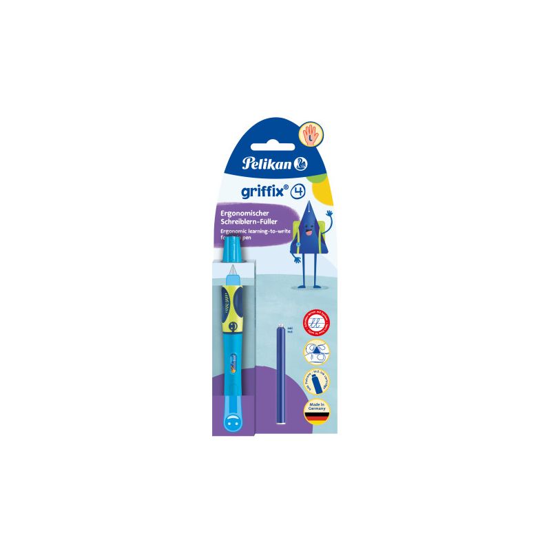 Blauer Pelikan griffix+ Füller für Rechtshänder, ergonomisch, in Verpackung mit einer Tintenpatrone. Blauer Pelikan griffix+ Füller für Rechtshänder, ergonomisch, in Verpackung mit einer Tintenpatrone.