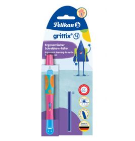 Pelikan griffix Füller für Linkshänder, ergonomisch, in blau-pinker Verpackung mit einer blauen Tintenpatrone.