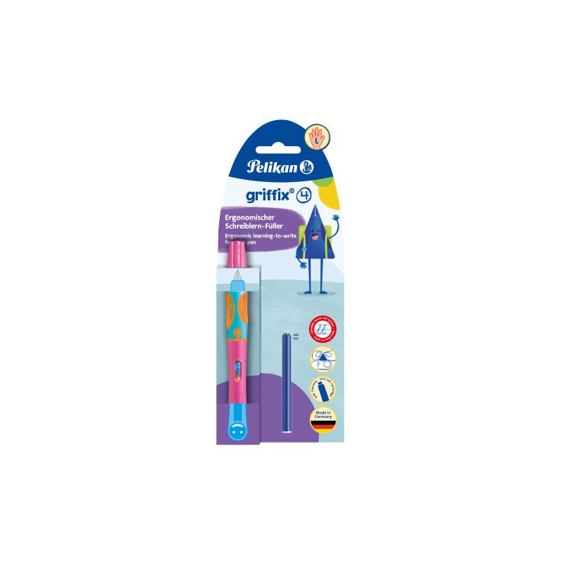 Pelikan griffix Füller für Linkshänder, ergonomisch, in blau-pinker Verpackung mit einer blauen Tintenpatrone. Pelikan griffix Füller für Linkshänder, ergonomisch, in blau-pinker Verpackung mit einer blauen Tintenpatrone.