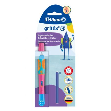 Pelikan griffix Füller für Linkshänder, ergonomisch, in blau-pinker Verpackung mit einer blauen Tintenpatrone. Pelikan griffix Füller für Linkshänder, ergonomisch, in blau-pinker Verpackung mit einer blauen Tintenpatrone.