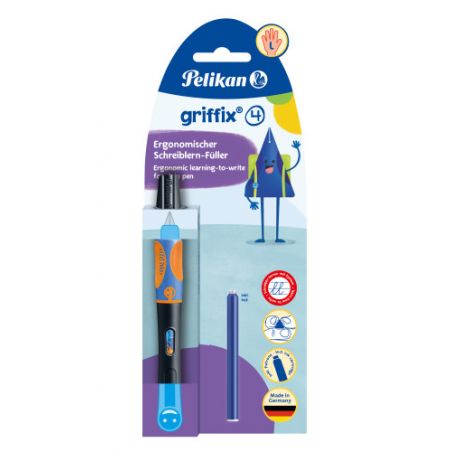 Pelikan griffix Füller in blauer Verpackung mit Cartoonfigur und Symbolen für Linkshänder. Pelikan griffix Füller in blauer Verpackung mit Cartoonfigur und Symbolen für Linkshänder.