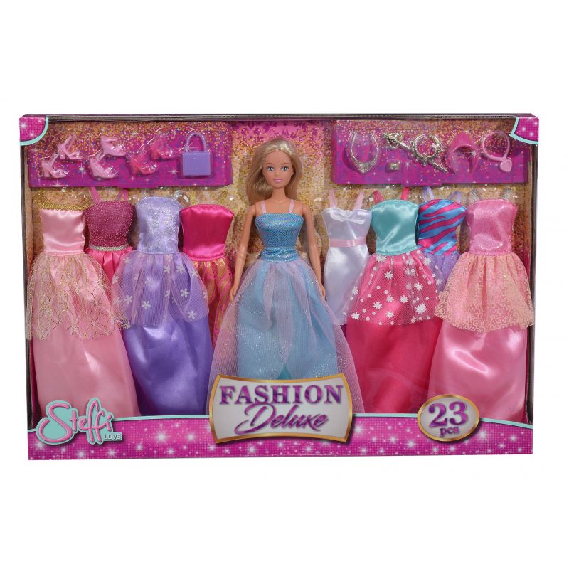 Puppenset in Box mit sechs bunten Kleidern, Schuhen, Taschen und Zubehör Aufschrift: Mode Deluxe. Puppenset in Box mit sechs bunten Kleidern, Schuhen, Taschen und Zubehör Aufschrift: Mode Deluxe.