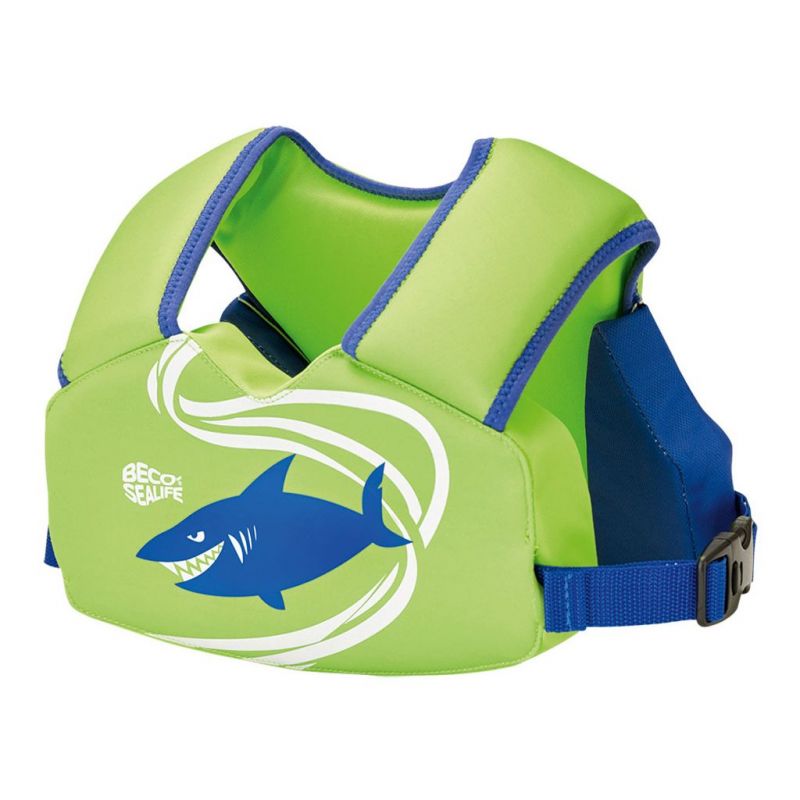 Grüne und blaue Kinder-Schwimmweste mit Hai-Motiv und verstellbaren Gurten. Grüne und blaue Kinder-Schwimmweste mit Hai-Motiv und verstellbaren Gurten.