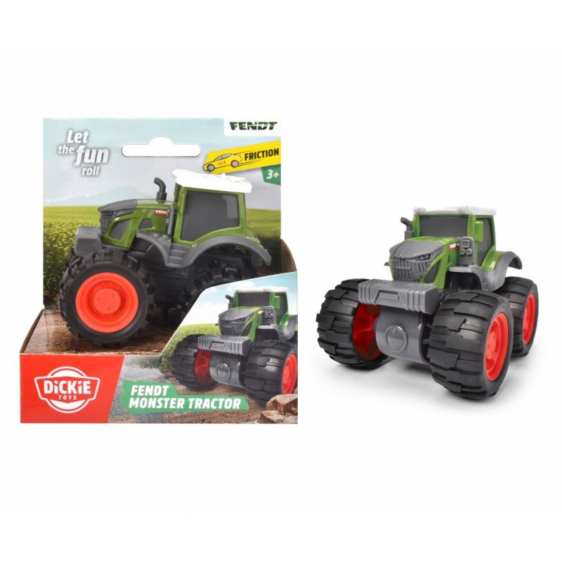 Fendt Monster-Traktor-Spielzeug mit großen Rädern, ab 3 Jahren, in Verpackung und einzeln gezeigt.