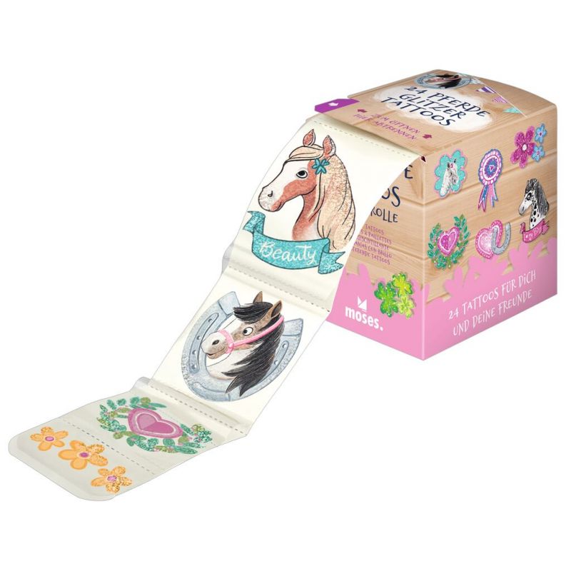Eine Rolle temporärer Tattoos mit Pferdemotiven liegt entrollt neben einer rosa-braunen Schachtel.