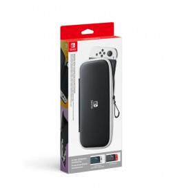 Nintendo Switch OLED Tragetasche in Verpackung, schwarzes Etui mit Reißverschluss und Handschlaufe sichtbar.