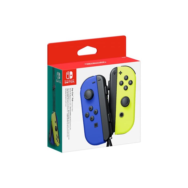 Nintendo Switch Joy-Con Paket mit blauen und neon-gelben Controllern auf weißem Hintergrund.