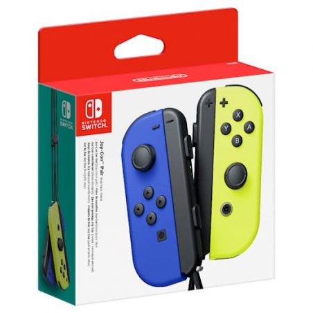Nintendo Switch Joy-Con Paket mit blauen und neon-gelben Controllern auf weißem Hintergrund.